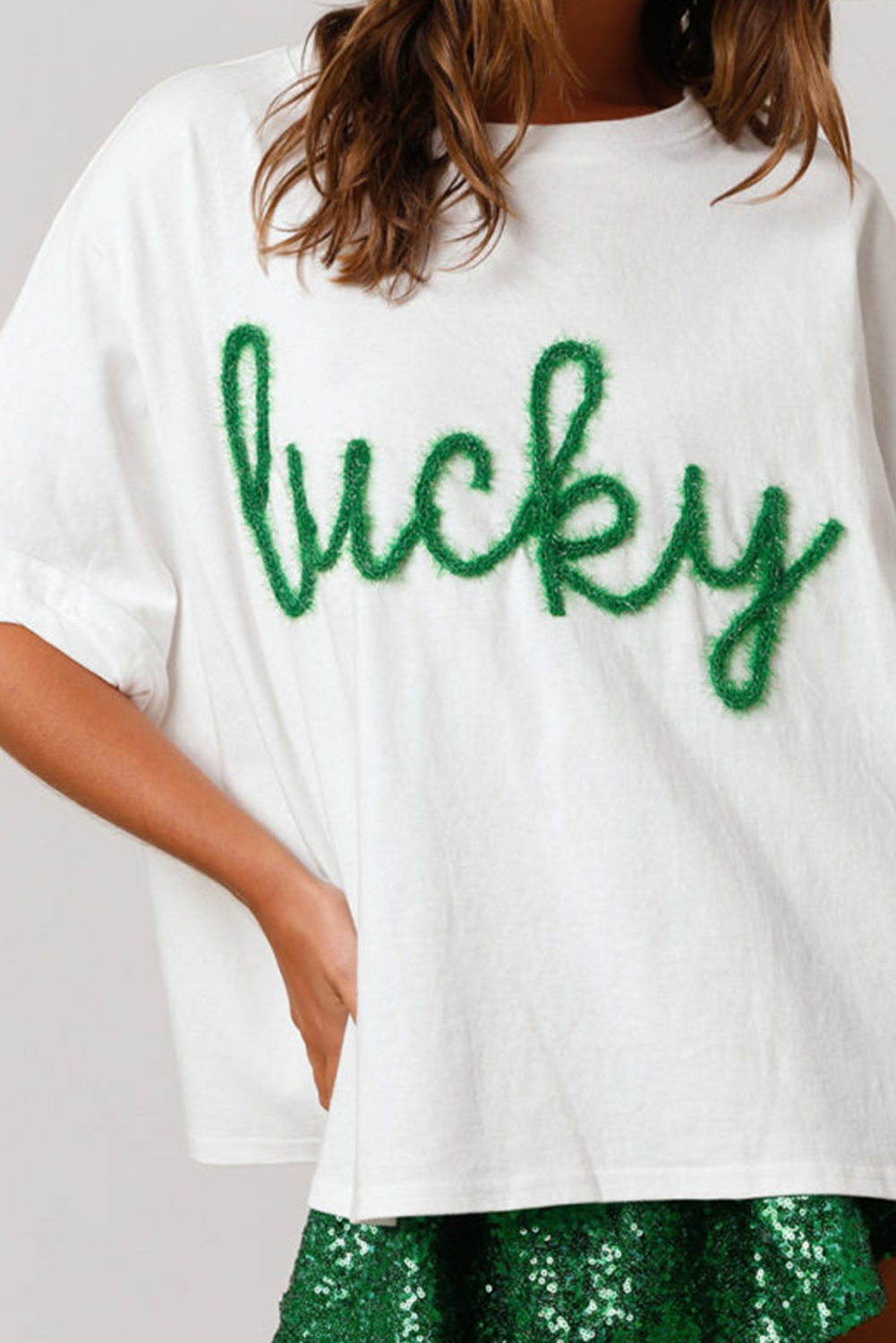 White Fuzzy Corded Lucky Graphic St Patrick Fashion Tee