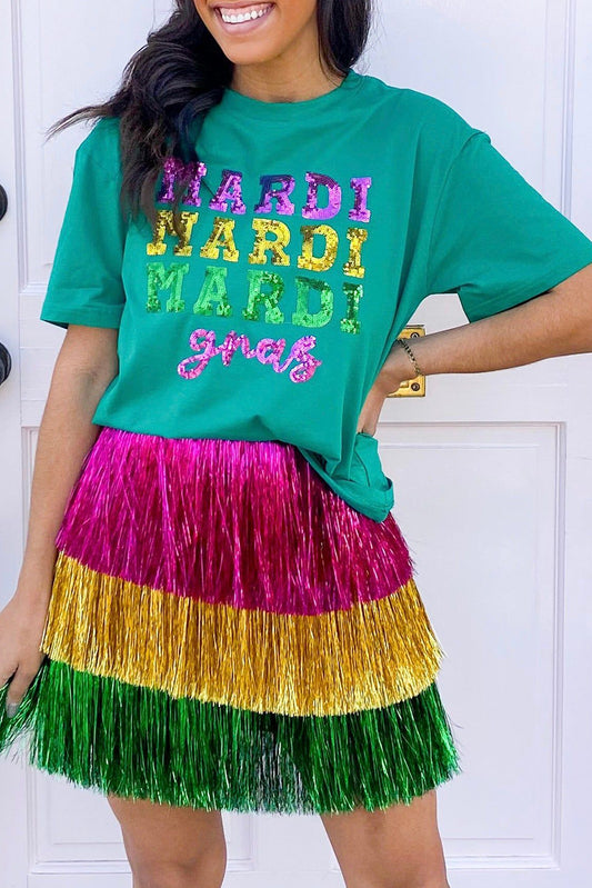 Sea Green Sequin Mardi Gras Letter Graphic T Shirt
