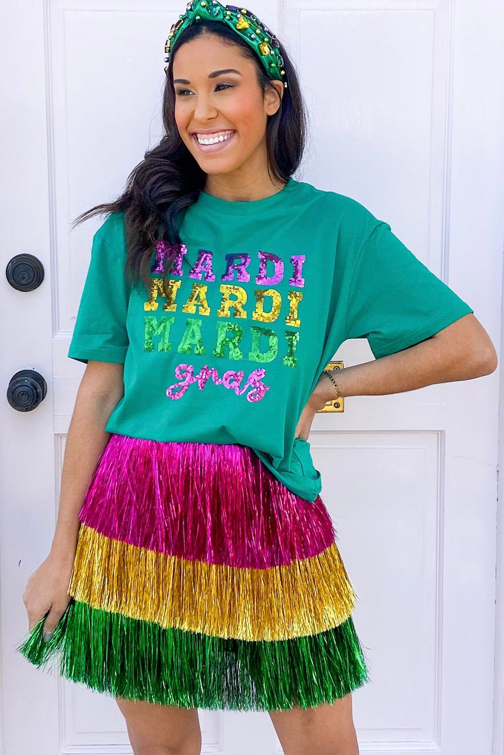 Sea Green Sequin Mardi Gras Letter Graphic T Shirt