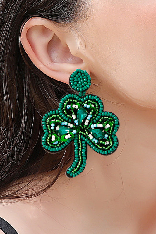 Green St Patrick Shamrock Rice Beaded Stud Earrings