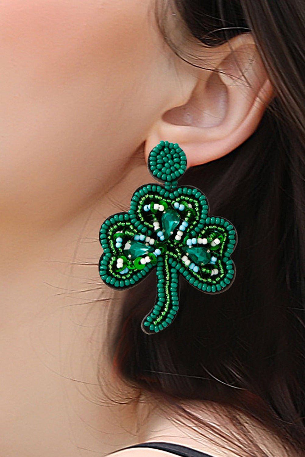 Green St Patrick Shamrock Rice Beaded Stud Earrings