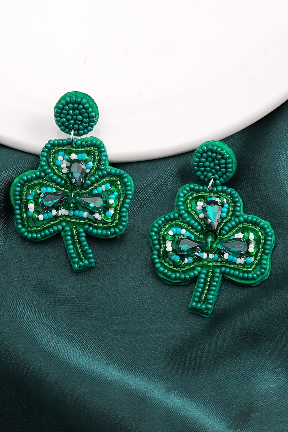 Green St Patrick Shamrock Rice Beaded Stud Earrings