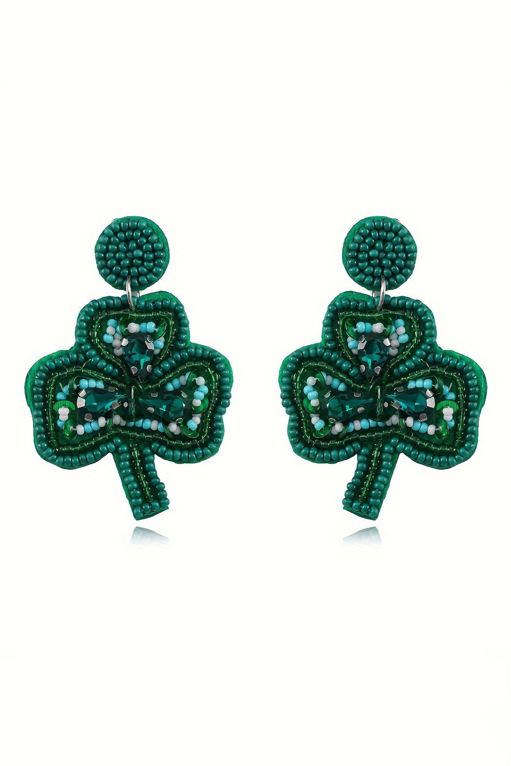 Green St Patrick Shamrock Rice Beaded Stud Earrings