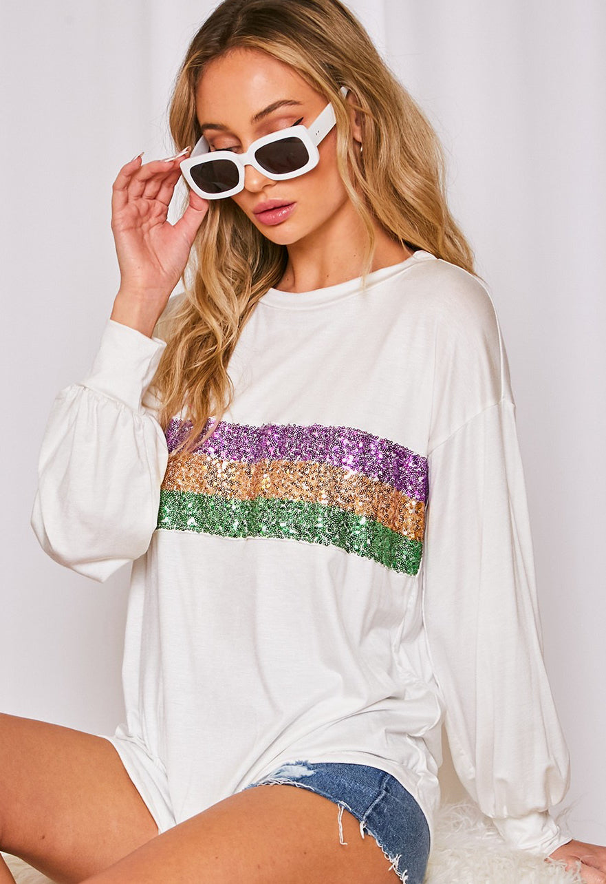 White Long Sleeve Mardi Gras, Color Block Sequin Trim Knit Top