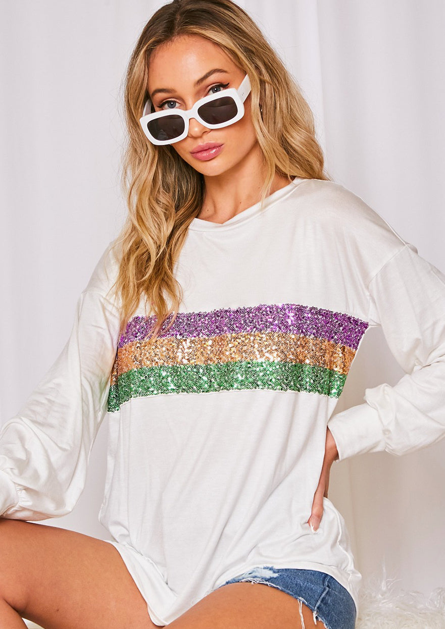 White Long Sleeve Mardi Gras, Color Block Sequin Trim Knit Top