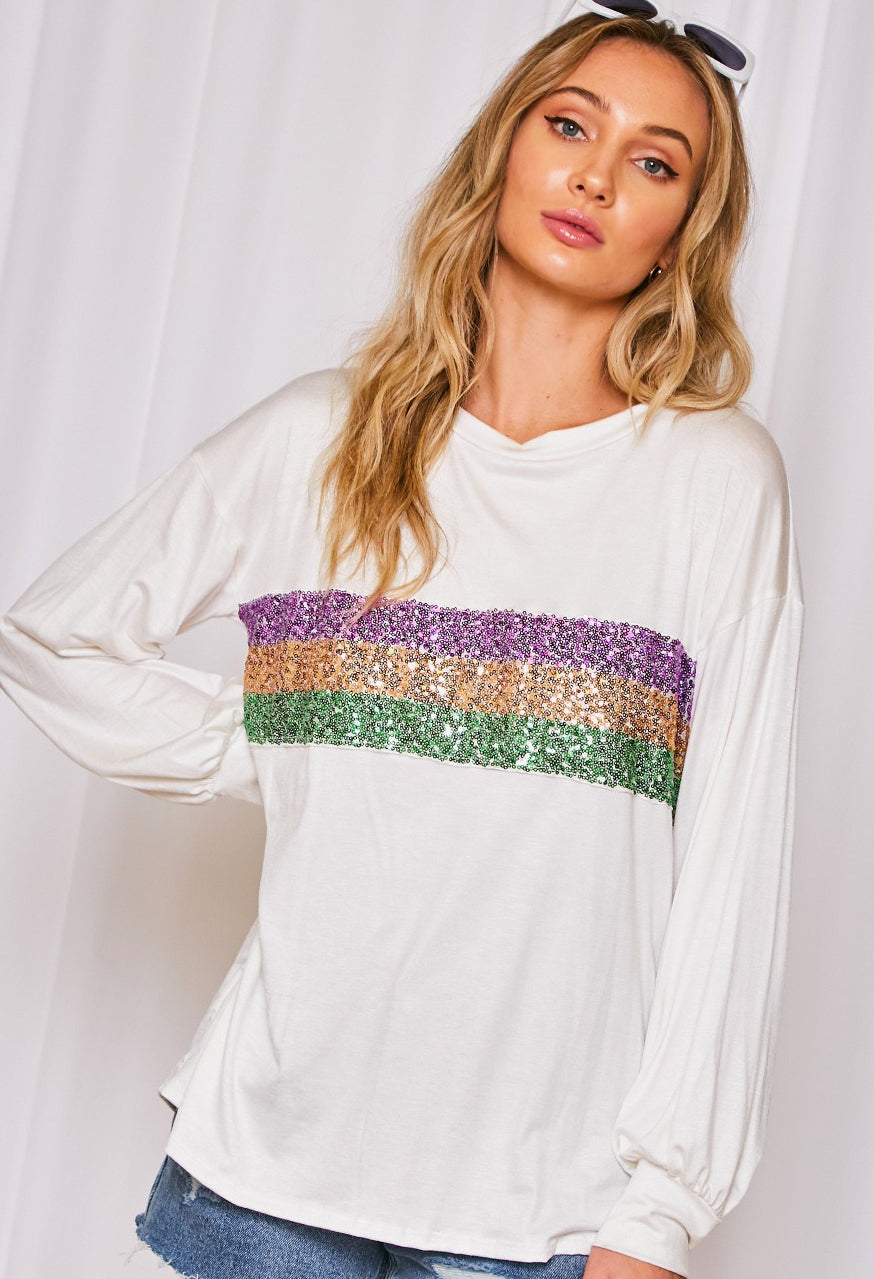 White Long Sleeve Mardi Gras, Color Block Sequin Trim Knit Top