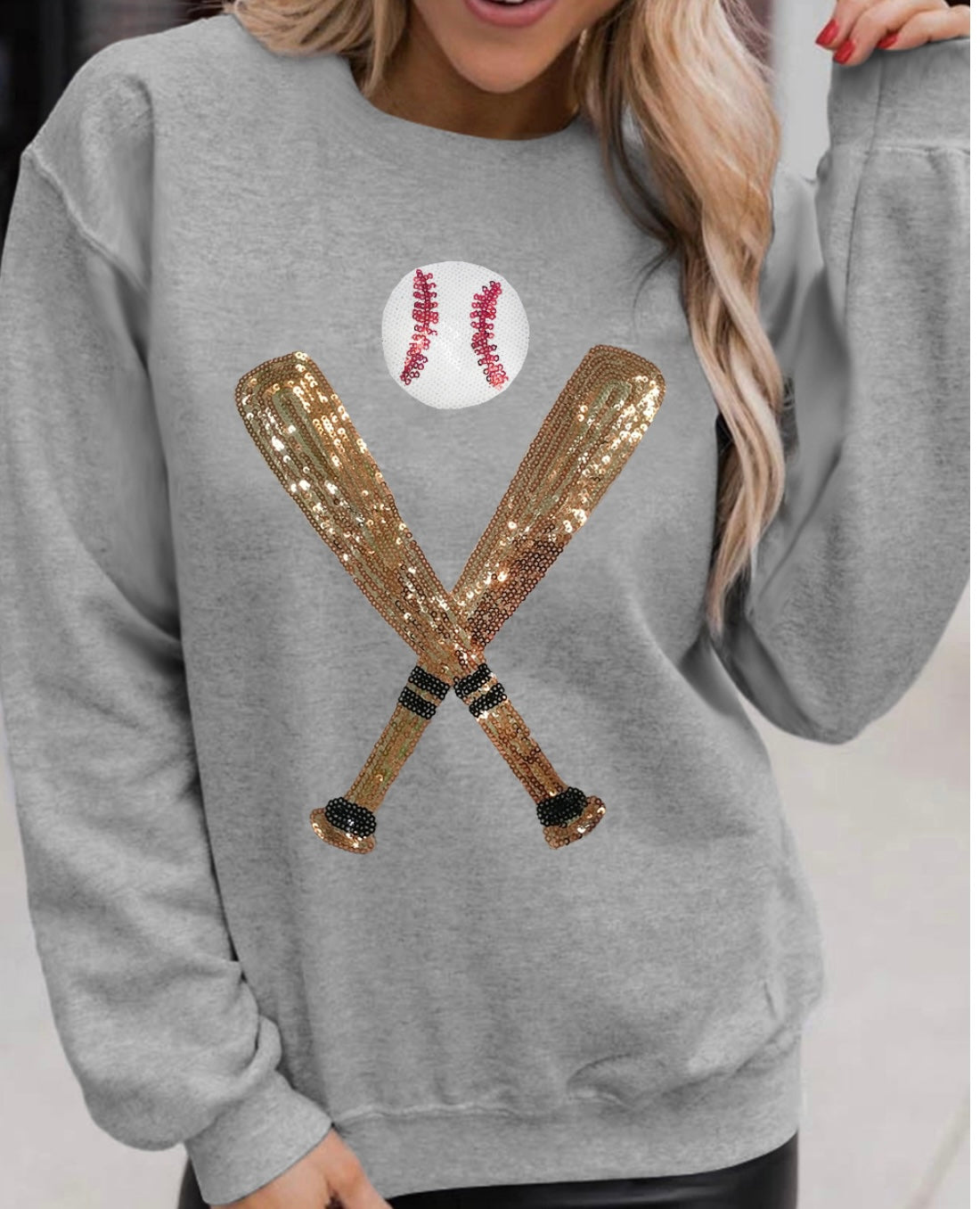 Gray Sequin Baseball Graphic Crewneck Game Day Sweatshirt