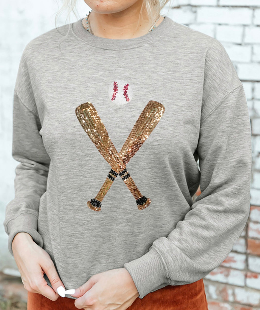Gray Sequin Baseball Graphic Crewneck Game Day Sweatshirt
