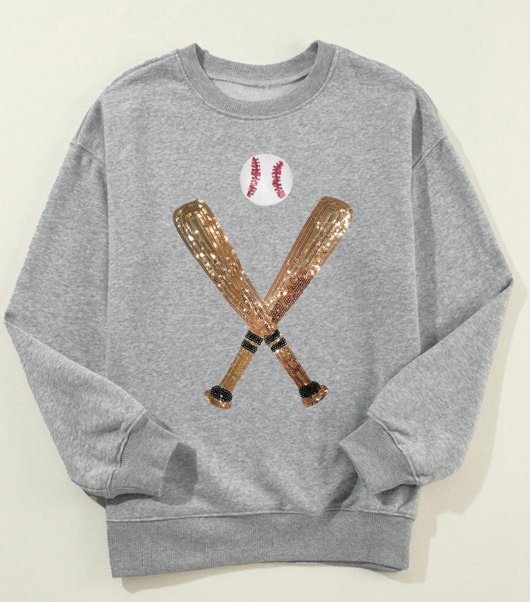 Gray Sequin Baseball Graphic Crewneck Game Day Sweatshirt