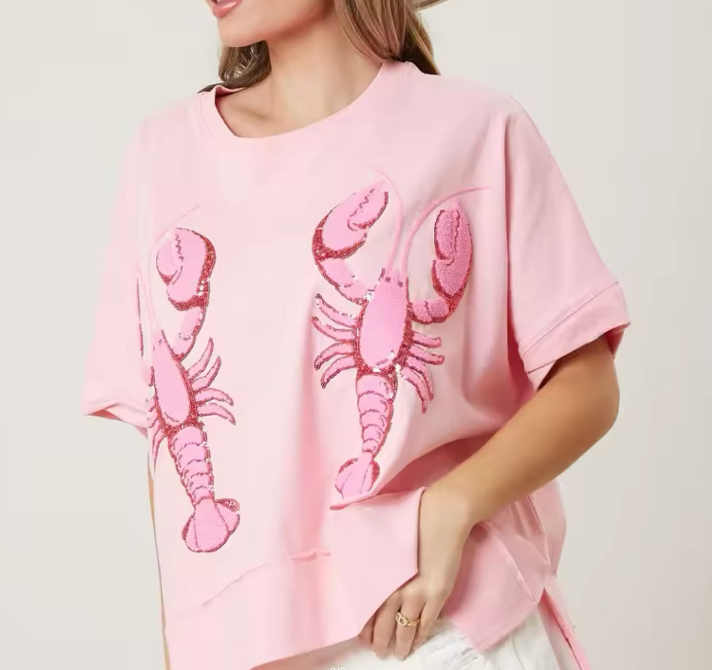 Oversized Pink Sequin Crawfish Tee