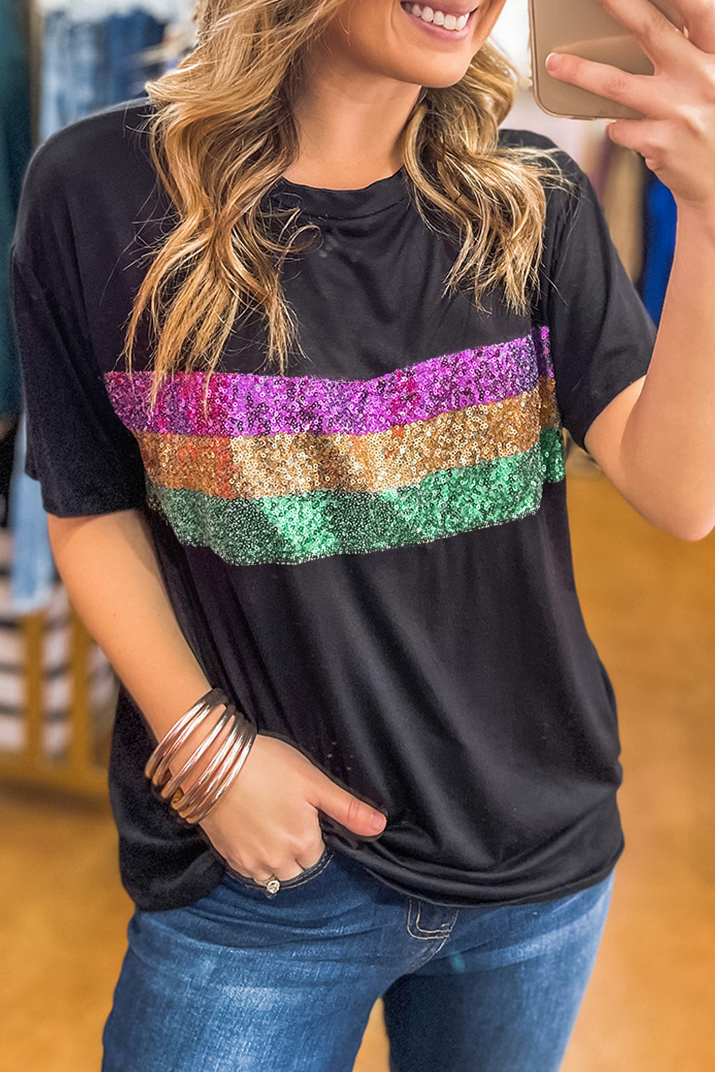 Black Sequin Stripes Patchwork Mardi Gras Tee