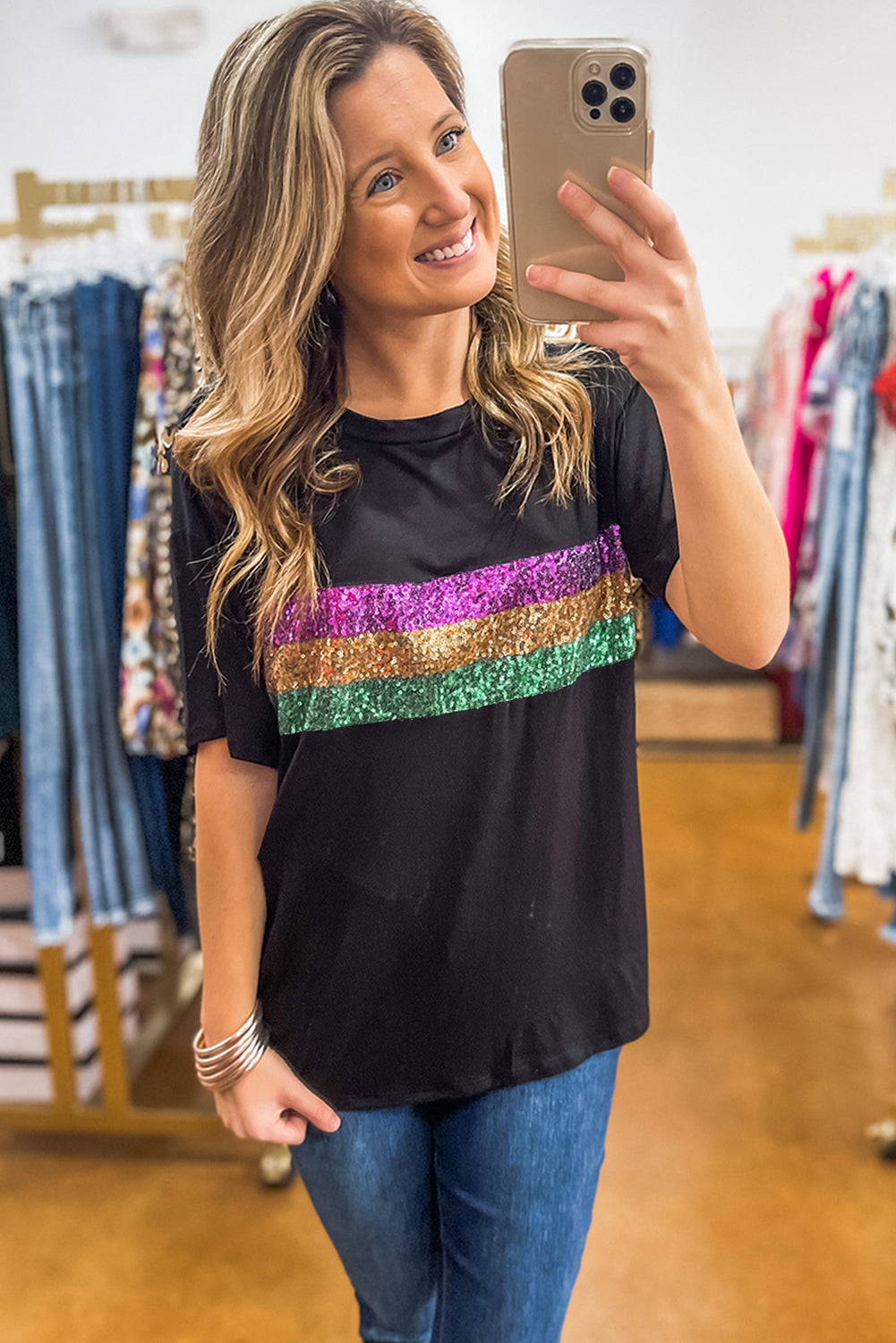 Black Sequin Stripes Patchwork Mardi Gras Tee
