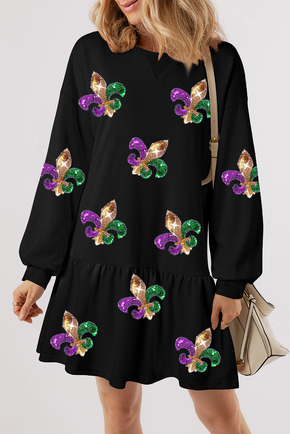Black Sequin Mardi Gras Pullover Dress