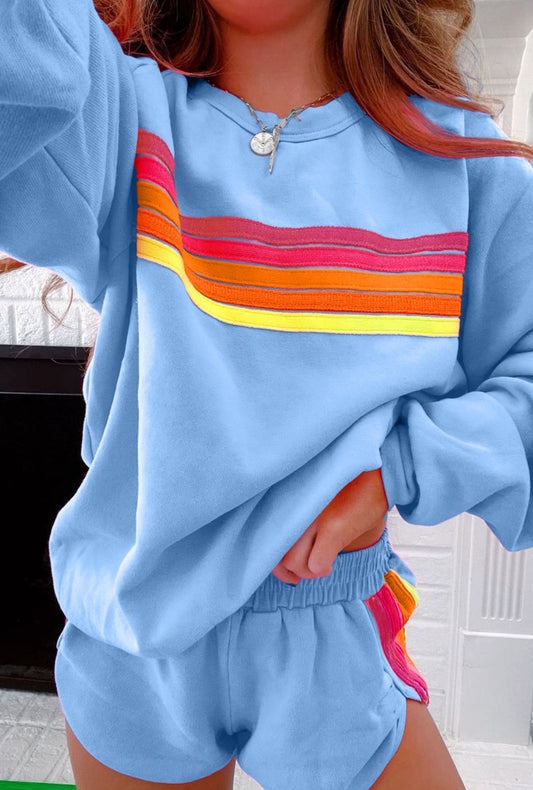 IN STOCK: Rainbow Striped Accent Pullover and Shorts Two Piece Casual Set - MULTIPLE COLORS