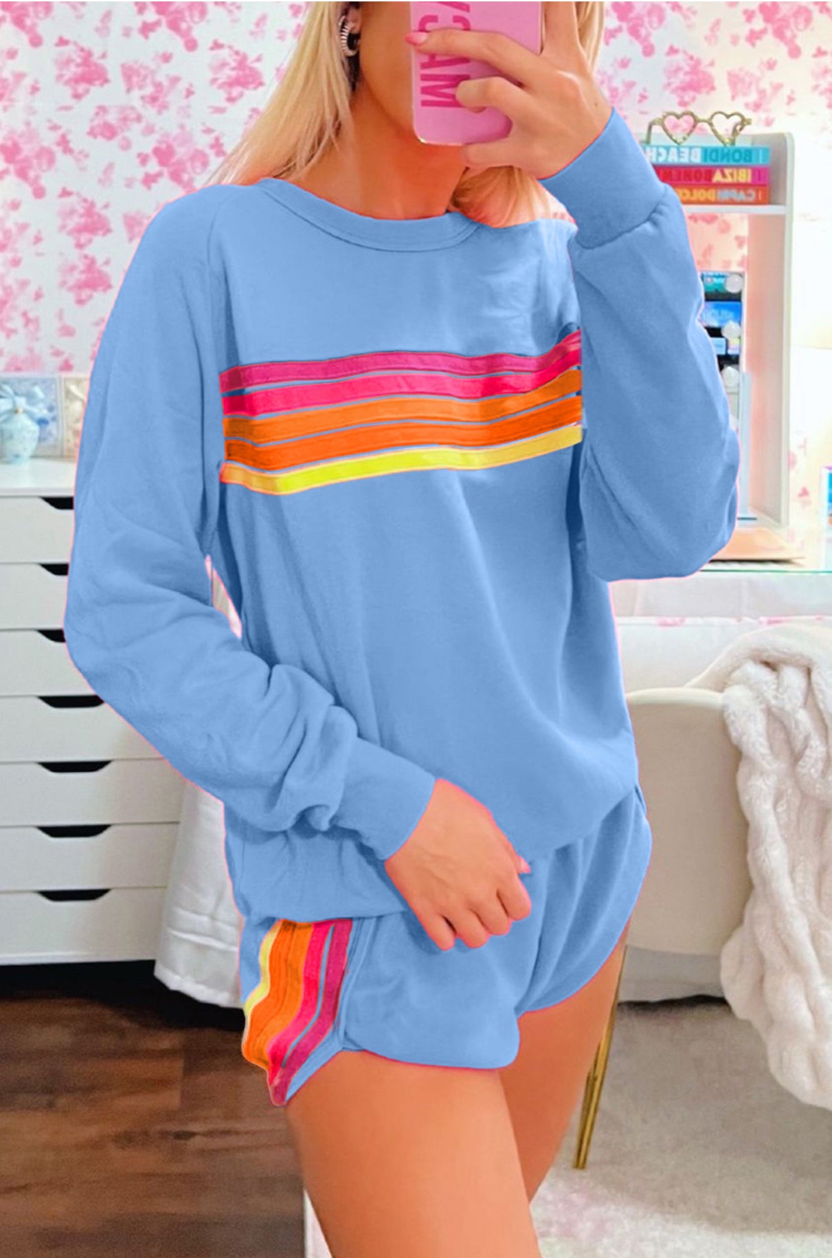 IN STOCK: Rainbow Striped Accent Pullover and Shorts Two Piece Casual Set - MULTIPLE COLORS