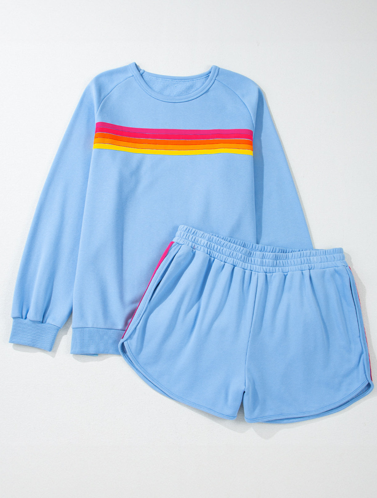 IN STOCK: Rainbow Striped Accent Pullover and Shorts Two Piece Casual Set - MULTIPLE COLORS