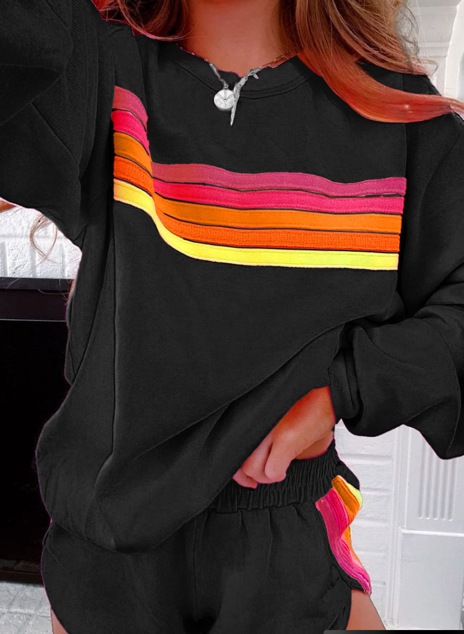IN STOCK: Rainbow Striped Accent Pullover and Shorts Two Piece Casual Set - MULTIPLE COLORS