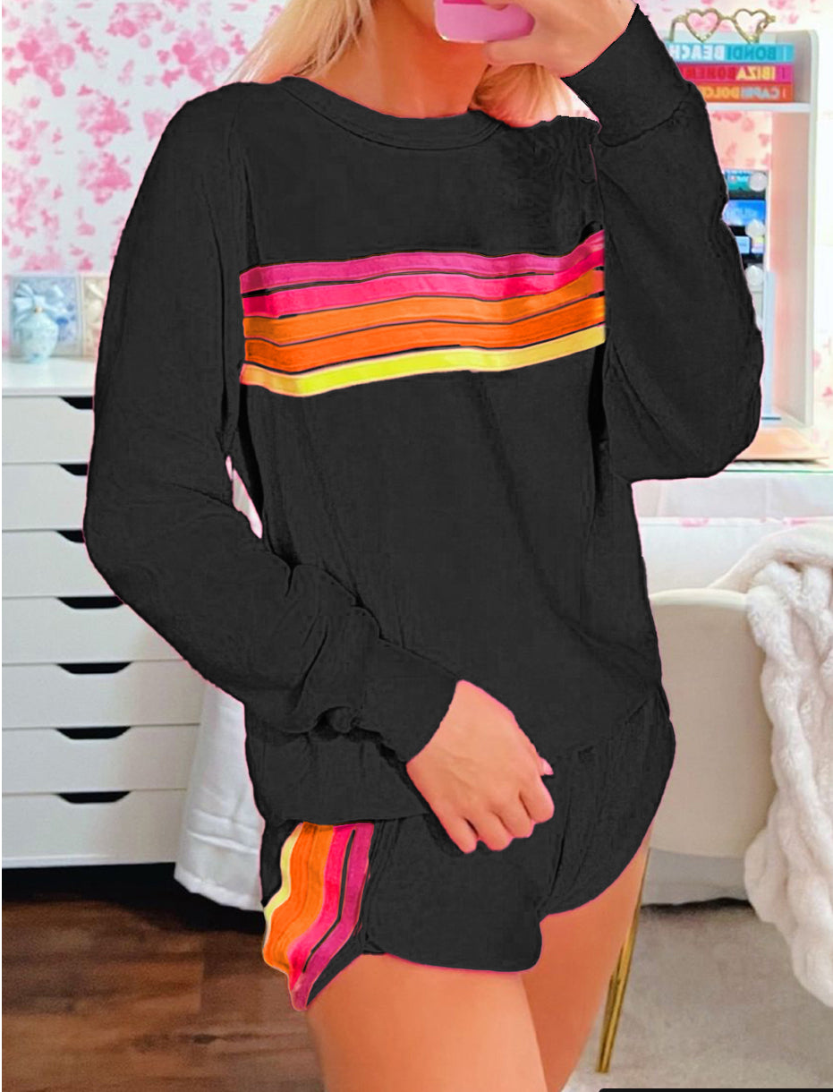 IN STOCK: Rainbow Striped Accent Pullover and Shorts Two Piece Casual Set - MULTIPLE COLORS
