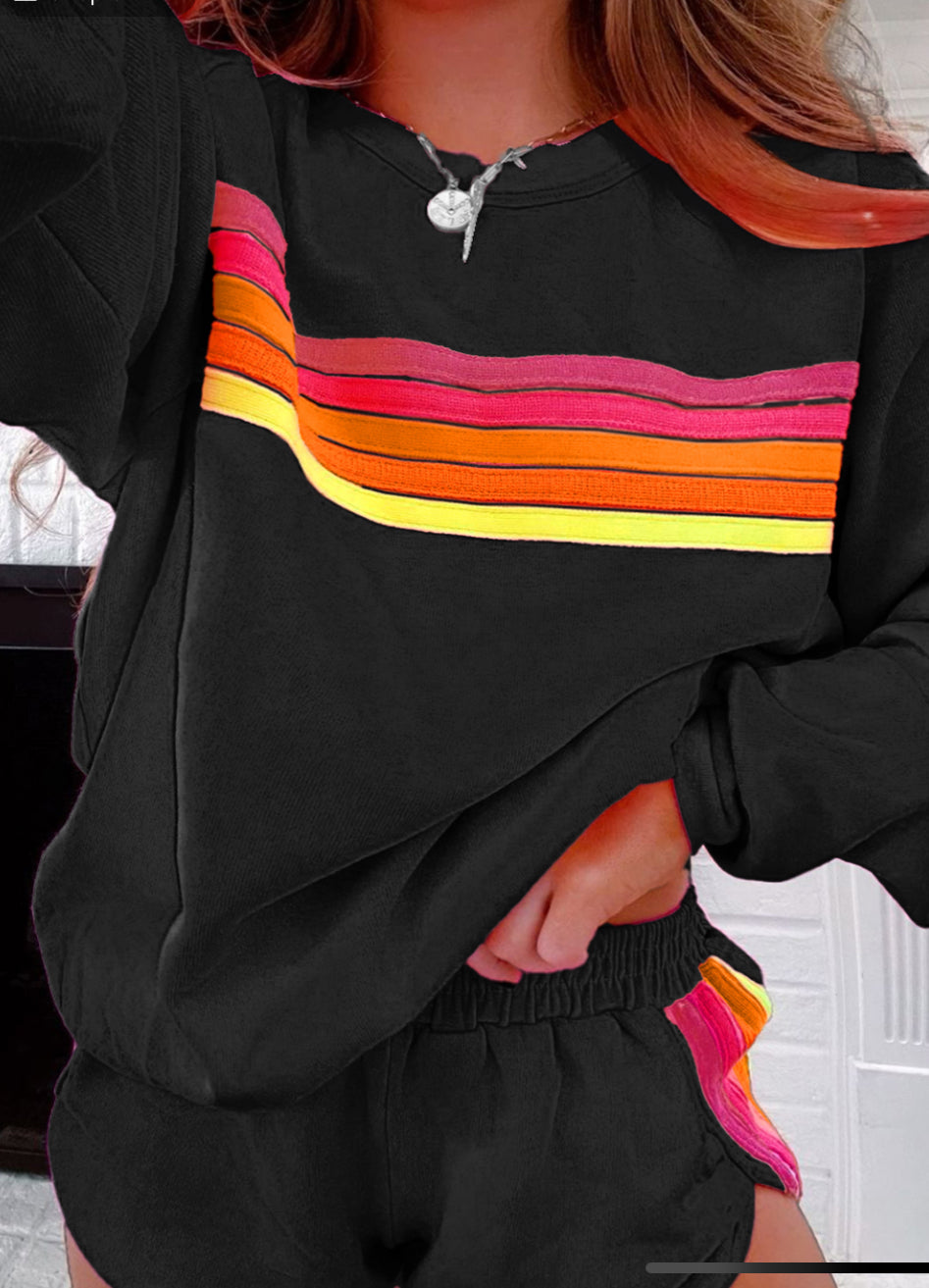IN STOCK: Rainbow Striped Accent Pullover and Shorts Two Piece Casual Set - MULTIPLE COLORS