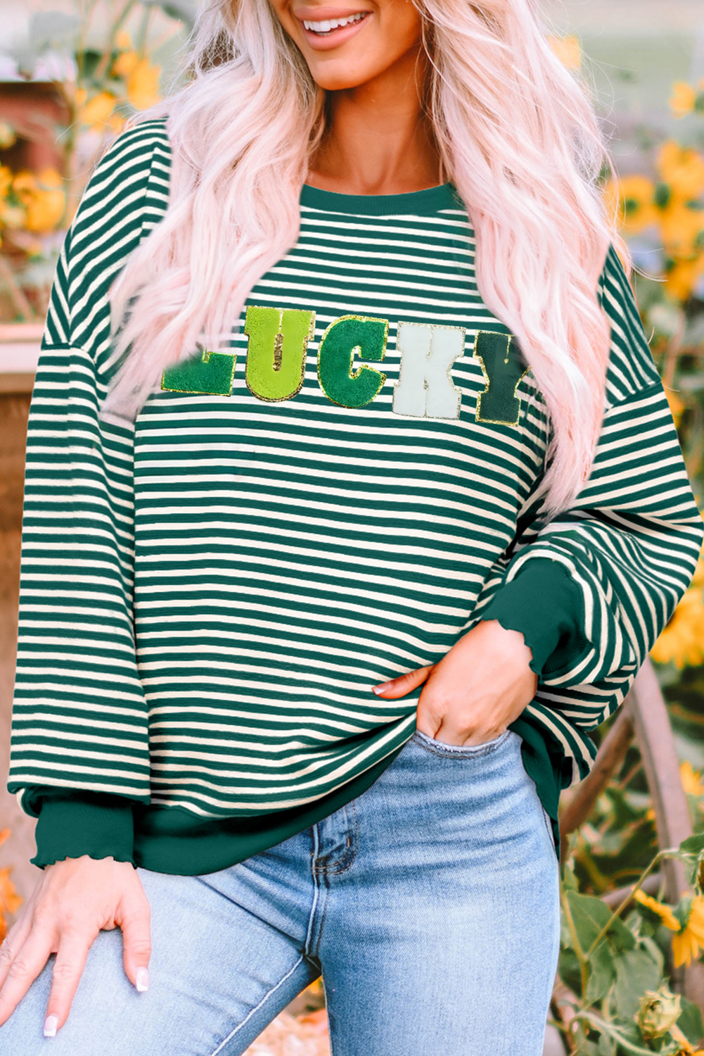 Green Stripe Chenille LUCKY long sleeve top
