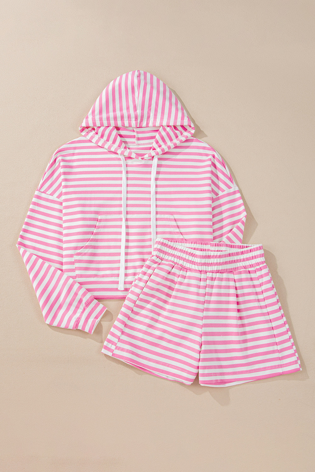 Pink White Striped Hooded short set