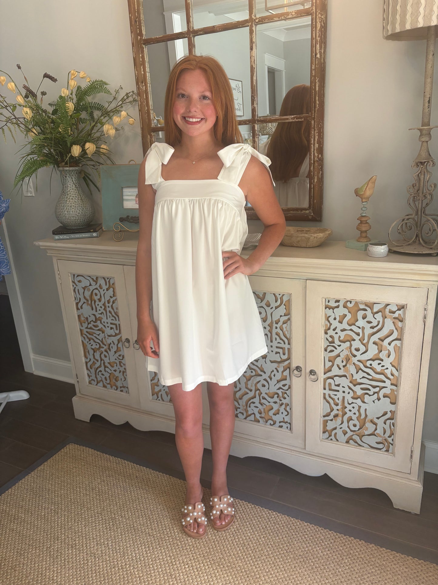 White Sleeveless Dress with Tie-Up Straps Loose A-Line Mini Dress