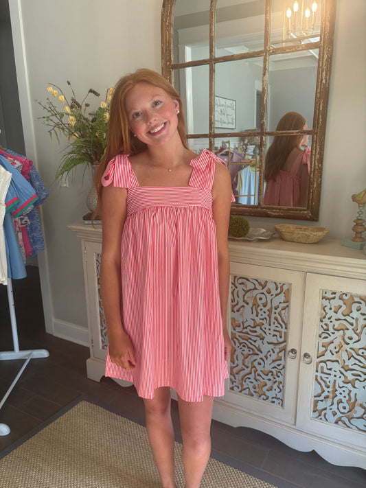 Red Pink Stripe Sleeveless Dress with Tie-Up Straps Loose A-Line Mini Dress