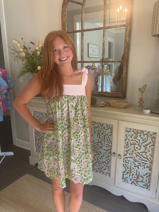 Green and Pink Floral Print Sleeveless Dress with Tie-Up Straps Loose A-Line Mini Dress