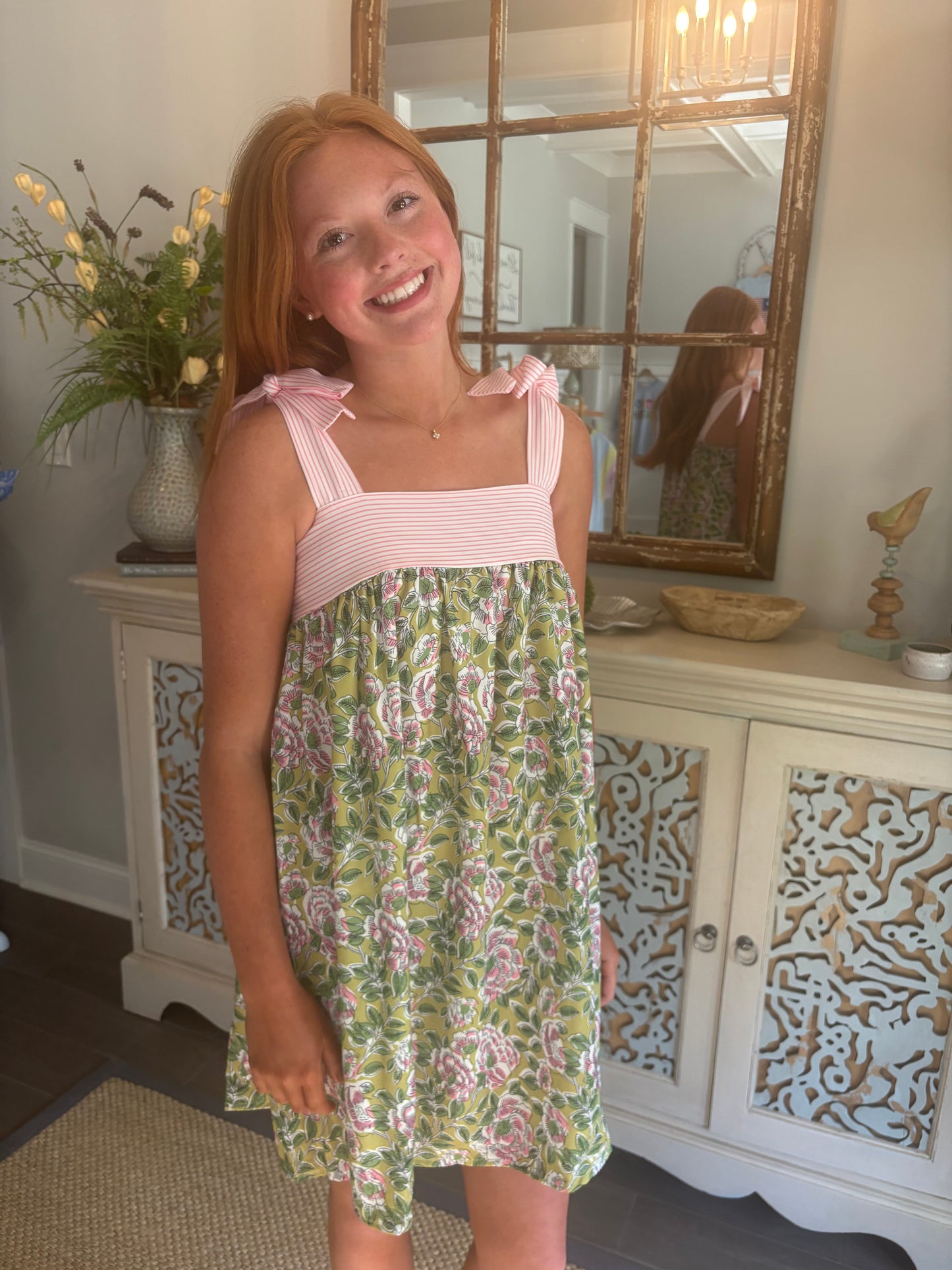 Green and Pink Floral Print Sleeveless Dress with Tie-Up Straps Loose A-Line Mini Dress