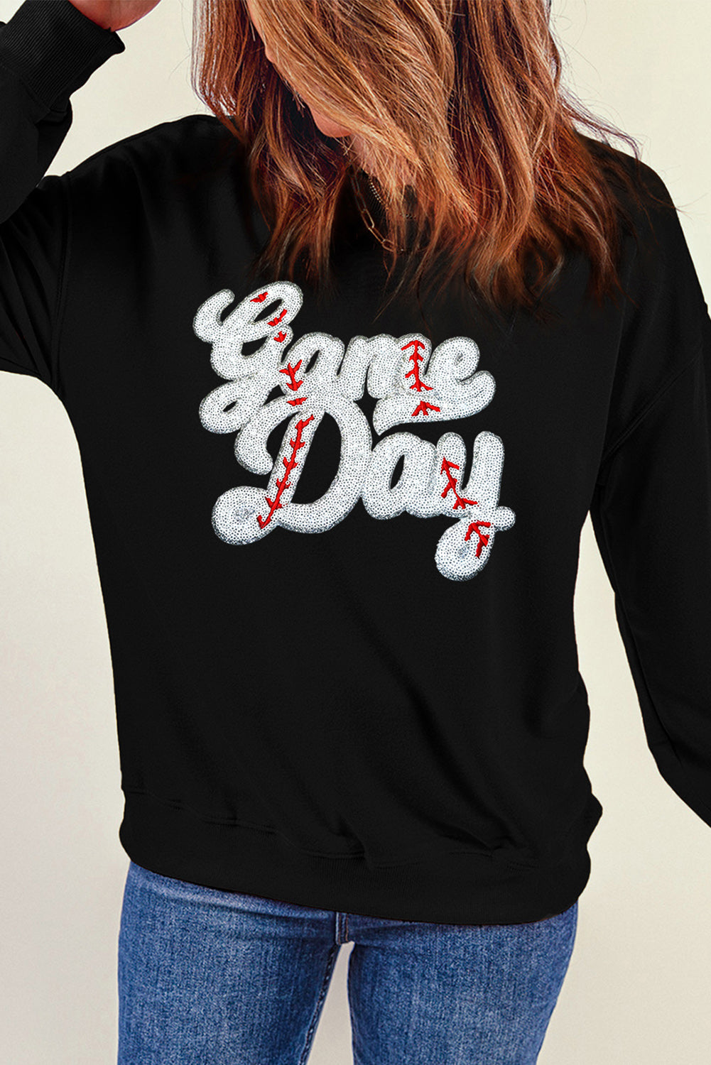 Black sequined Game Day sweatshirt