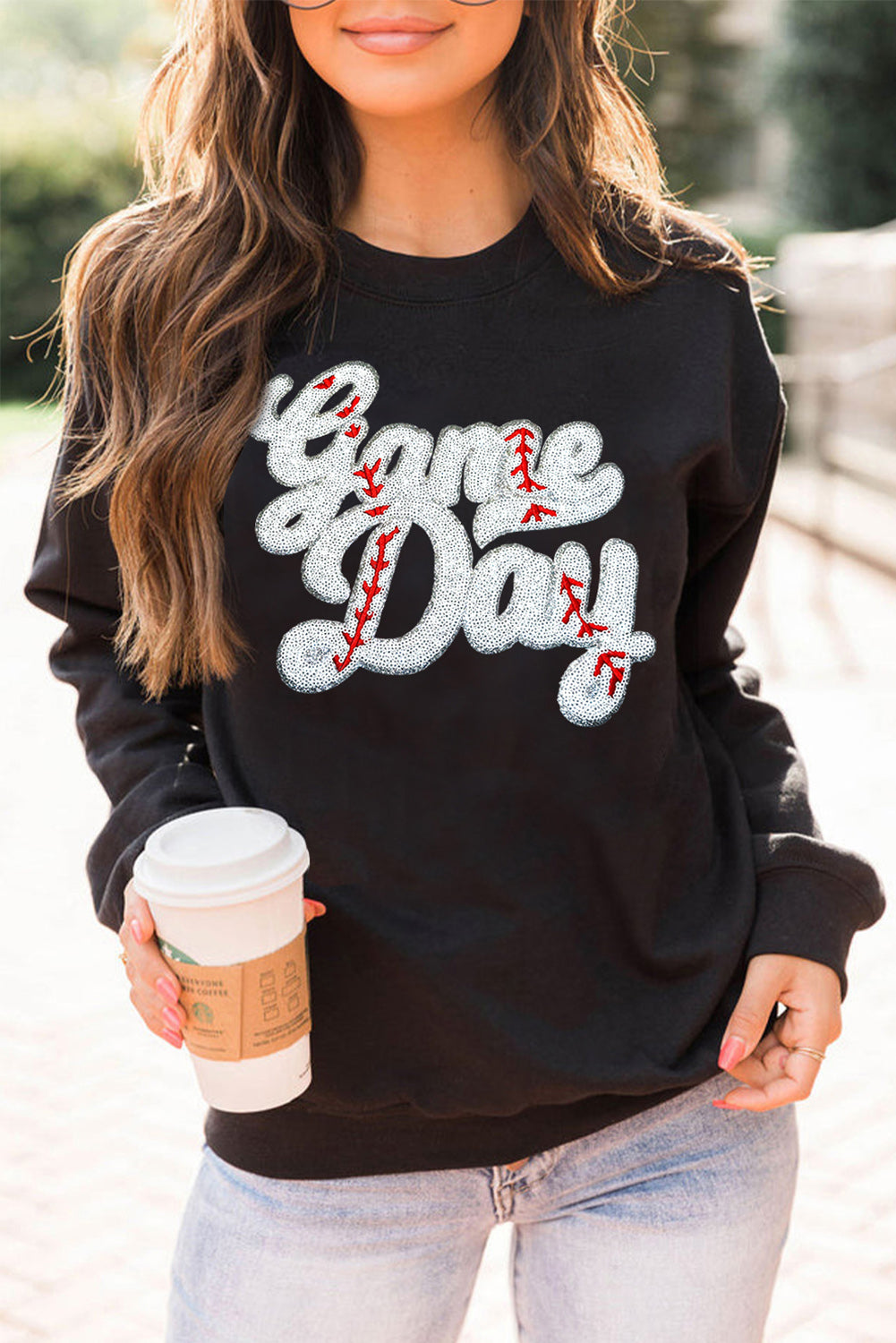 Black sequined Game Day sweatshirt