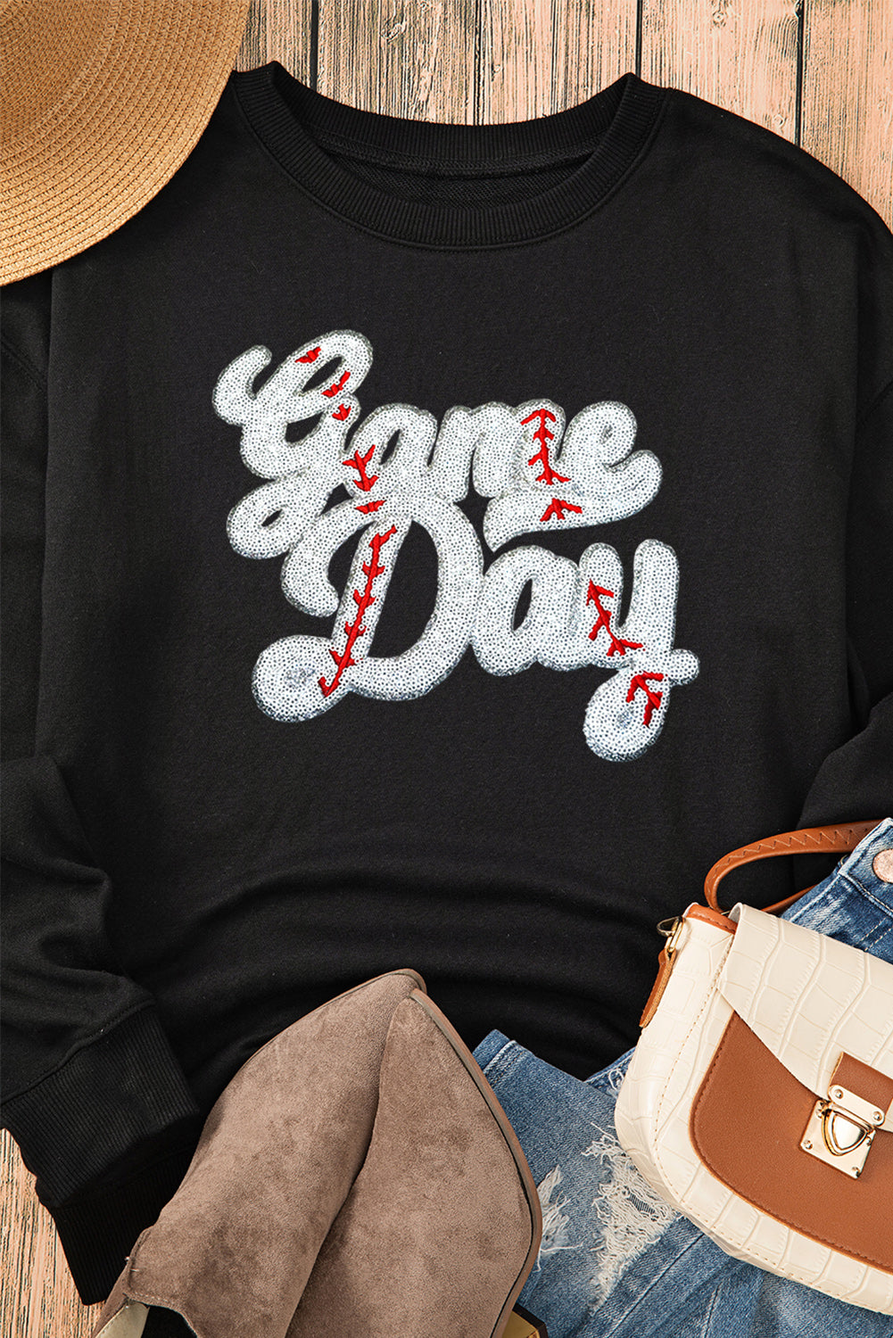 Black sequined Game Day sweatshirt
