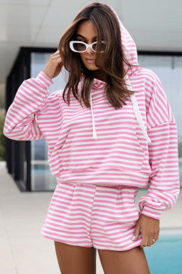 Pink White Striped Hooded short set