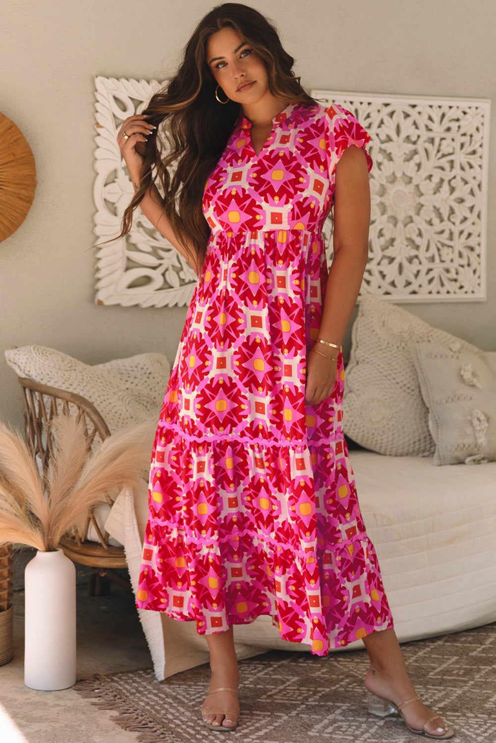 Pink Geo Print V-neck Maxi Dress