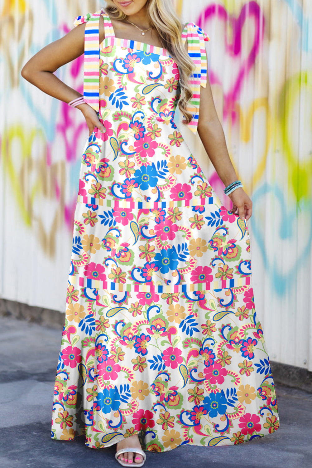 Floral Stripe Tie Strap with Pockets Maxi Dress