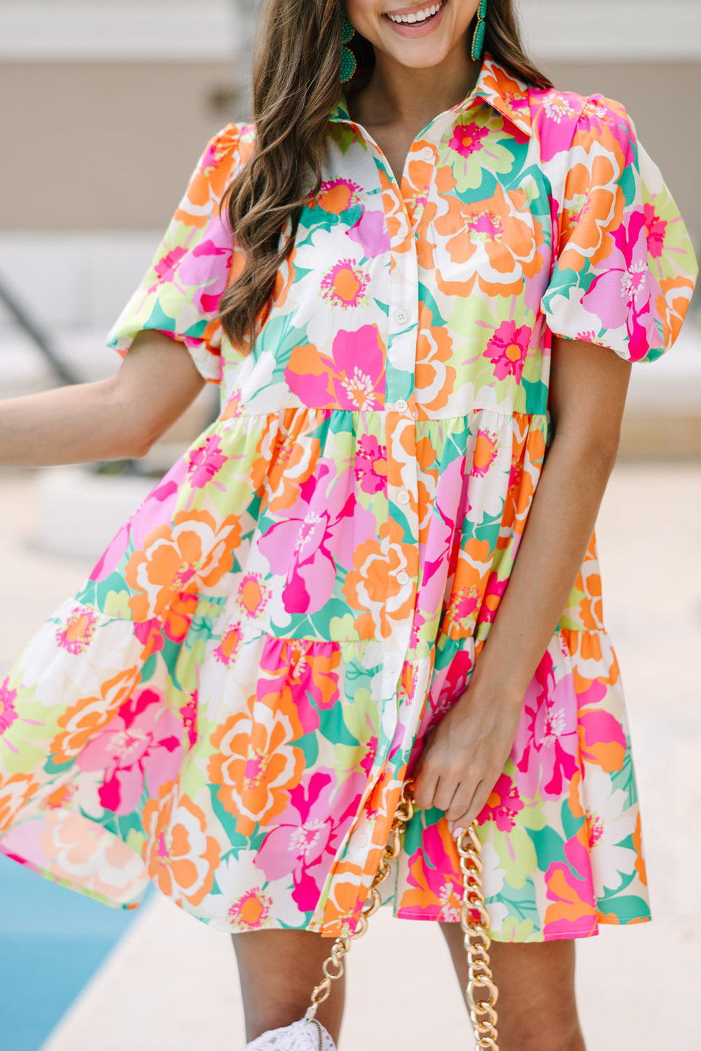 Pink Floral Puff Sleeve Collar Buttoned with Pockets Babydoll Dress