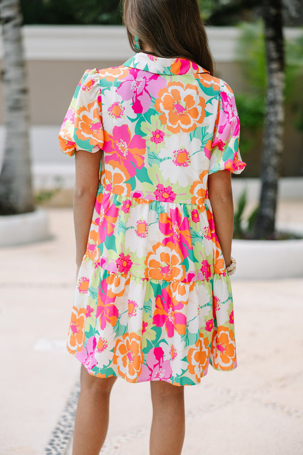 Pink Floral Puff Sleeve Collar Buttoned with Pockets Babydoll Dress