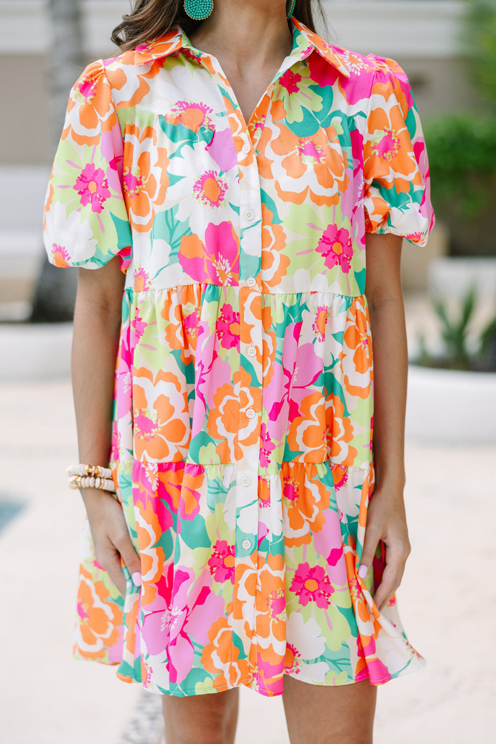 Pink Floral Puff Sleeve Collar Buttoned with Pockets Babydoll Dress