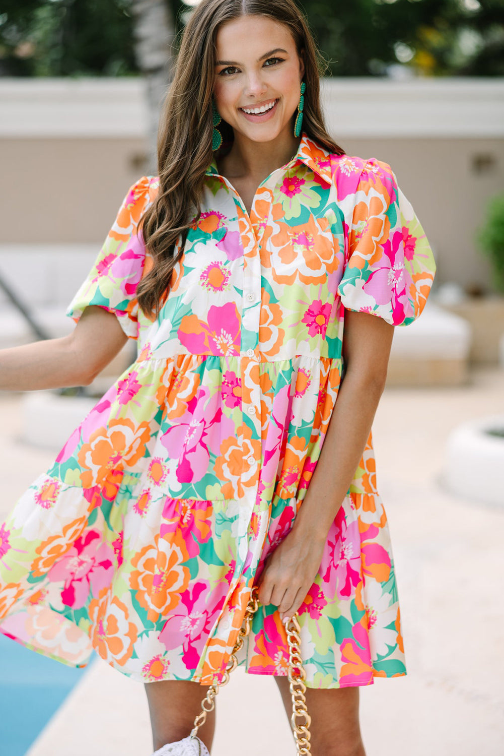 Pink Floral Puff Sleeve Collar Buttoned with Pockets Babydoll Dress