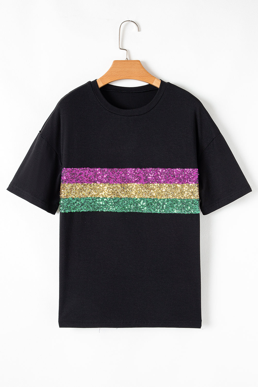 Black Sequin Stripes Patchwork Mardi Gras Tee