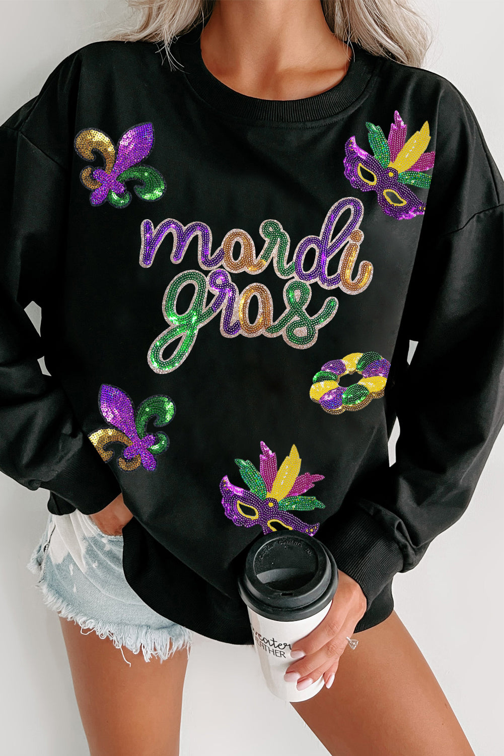 Black Sequin Mardi Gras Fleur de Lis Sweatshirt