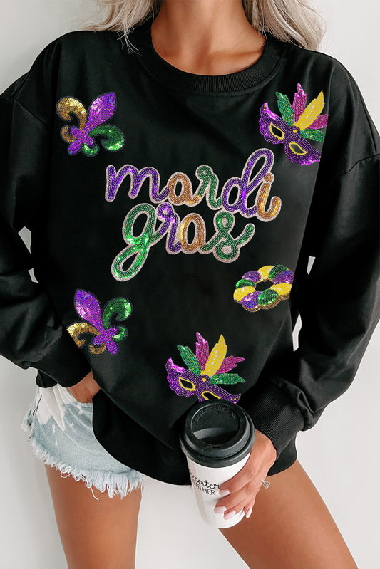 Black Sequin Mardi Gras Fleur de Lis Sweatshirt
