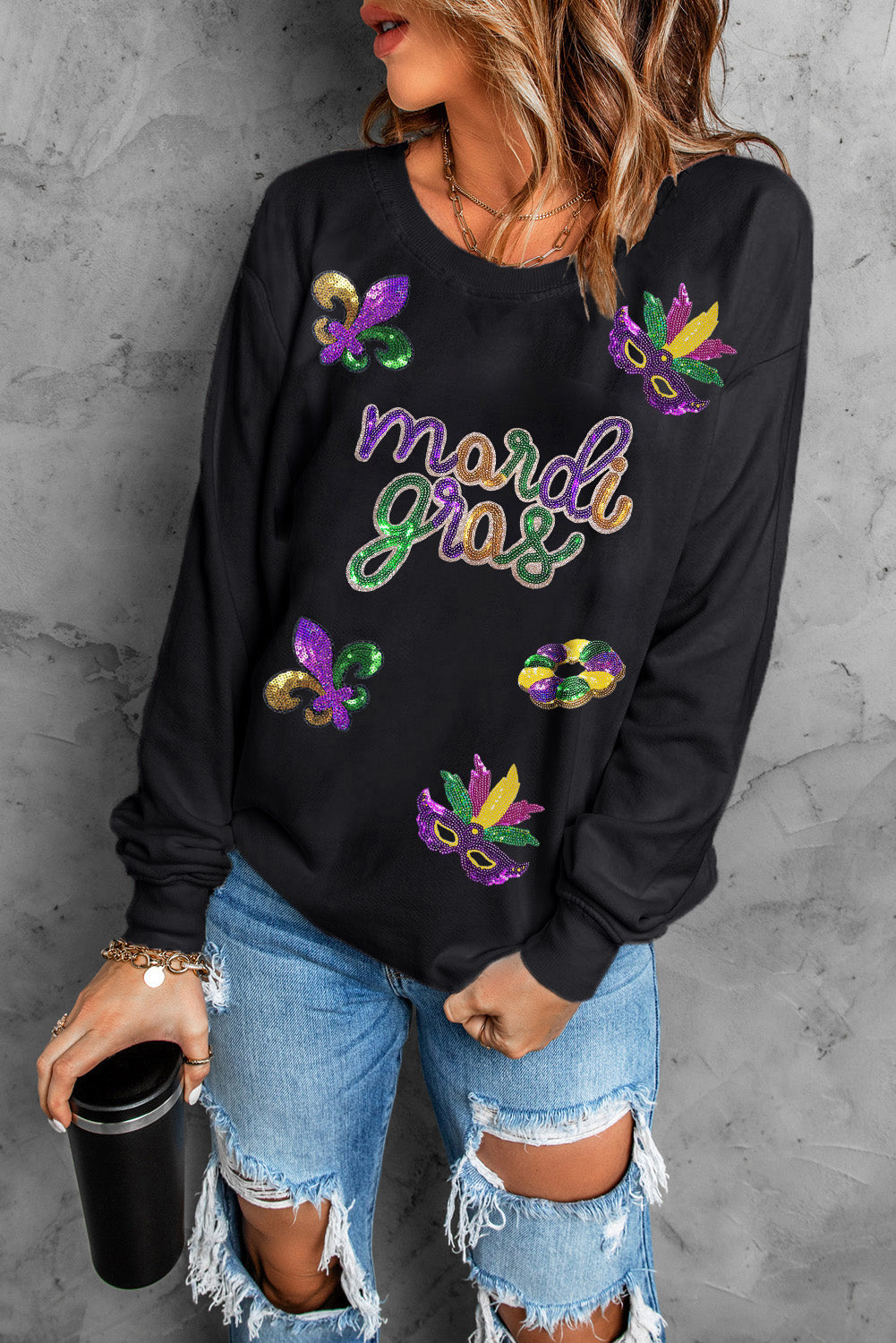Black Sequin Mardi Gras Fleur de Lis Sweatshirt