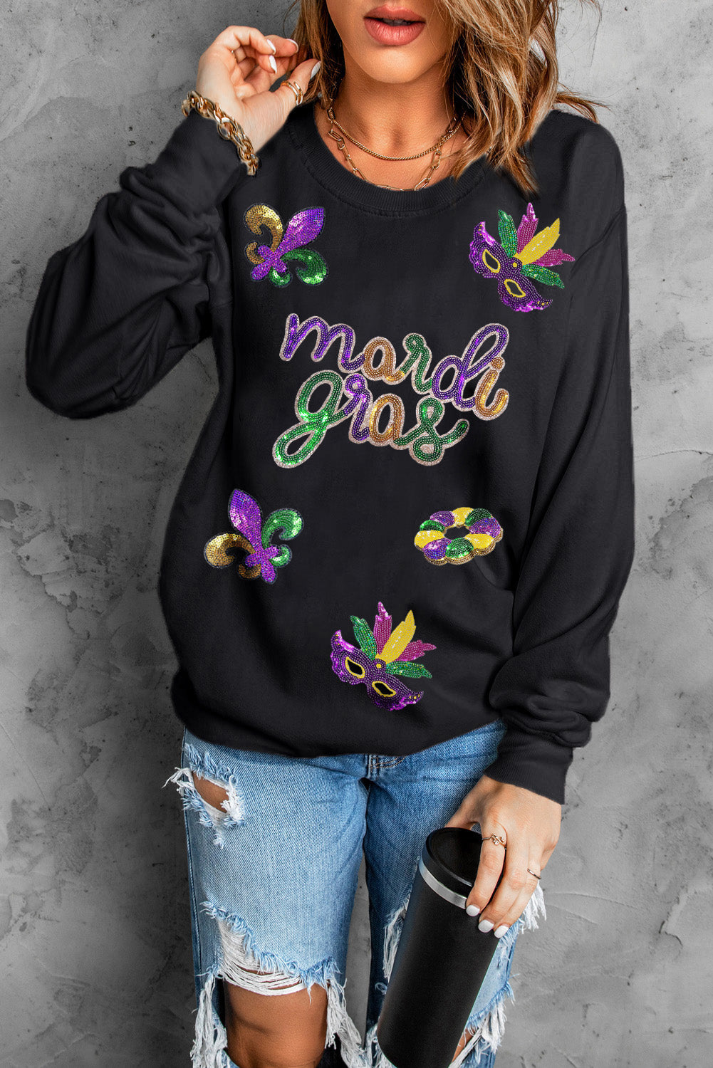 Black Sequin Mardi Gras Fleur de Lis Sweatshirt