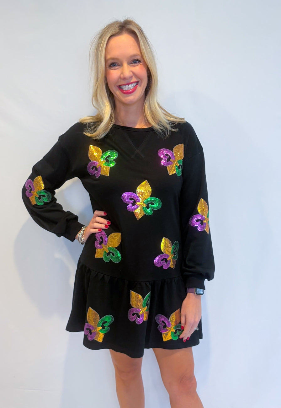 Black Sequin Mardi Gras Pullover Dress