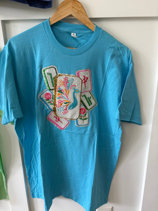 Aqua Mahjong Sequin Tile Tee