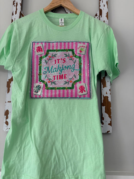 Lime Green Mahjong “It’s Mahjong Time” Sequin Patch Tee