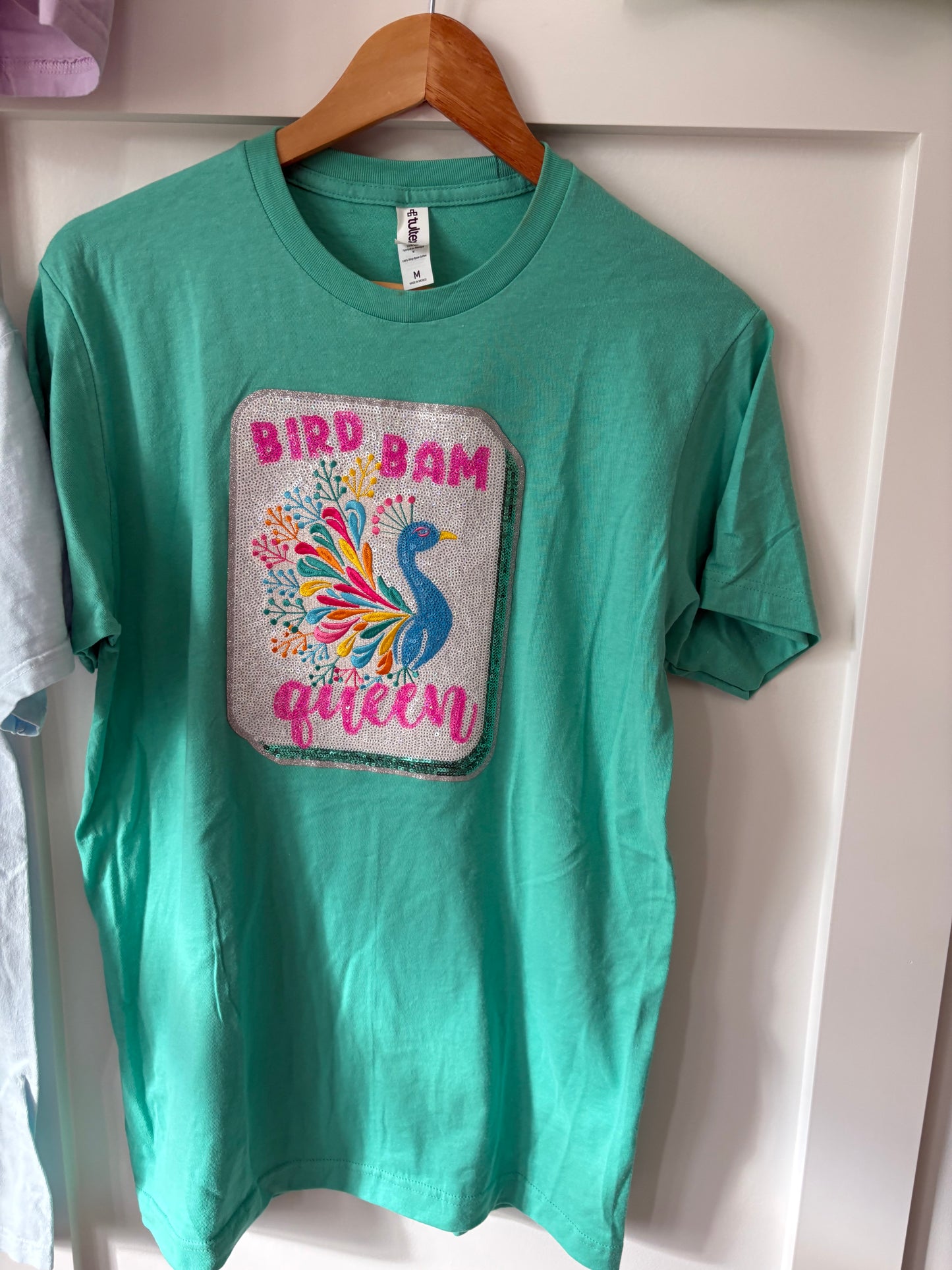 Seafoam Mahjong “Bird Bam Queen” Sequin Patch Tee