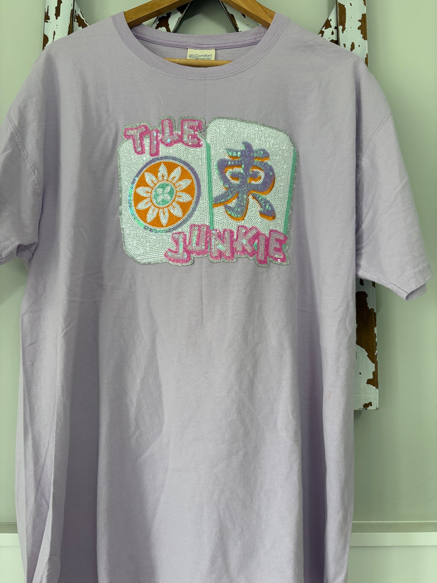 Light Purple Mahjong “Tile Junkie” Sequin Patch Tee