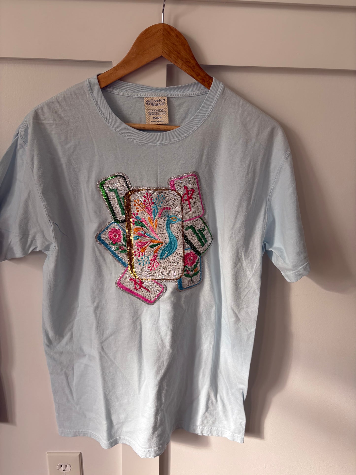 Light Blue Mahjong Tile Sequin Patch Tee